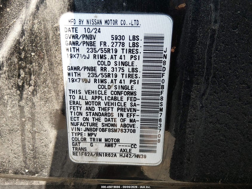 NISSAN ARIYA 2025 VIN JN8DF0BF8SM763708