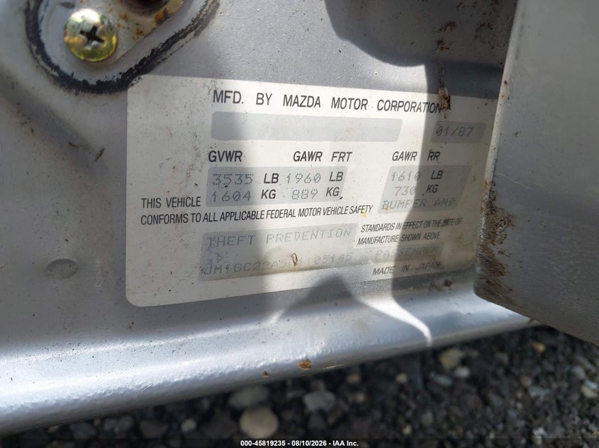 MAZDA 626 1987 VIN JM1GC22A5H1105145