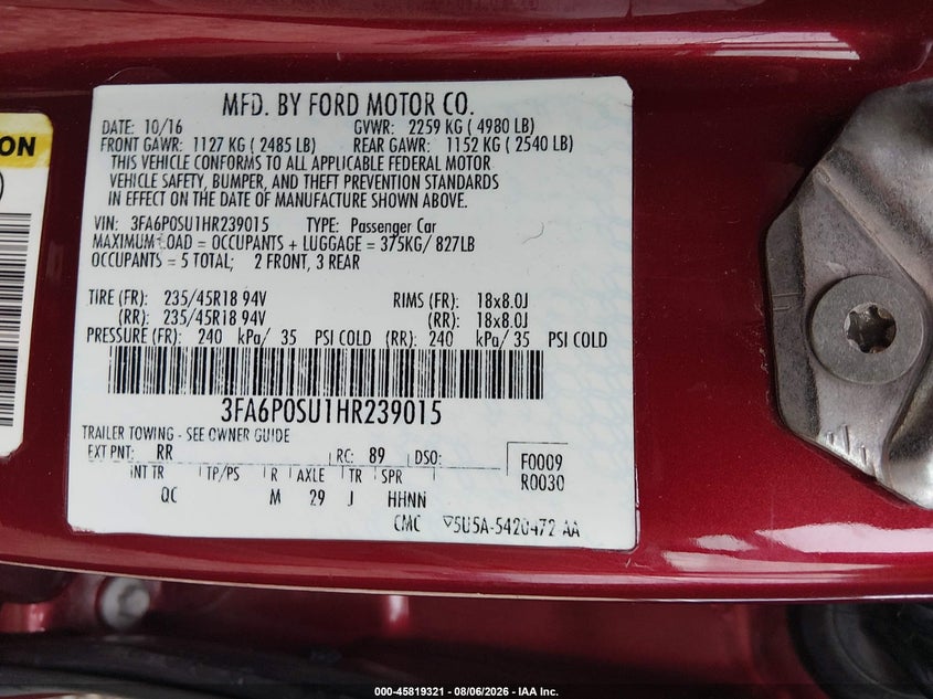 FORD FUSION ENERGI 2017 VIN 3FA6P0SU1HR239015