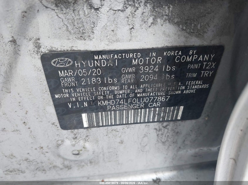 HYUNDAI ELANTRA 2020 VIN KMHD74LF0LU077867