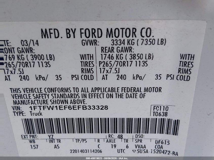 FORD F-150 2014 VIN 1FTFW1EF6EFB33328