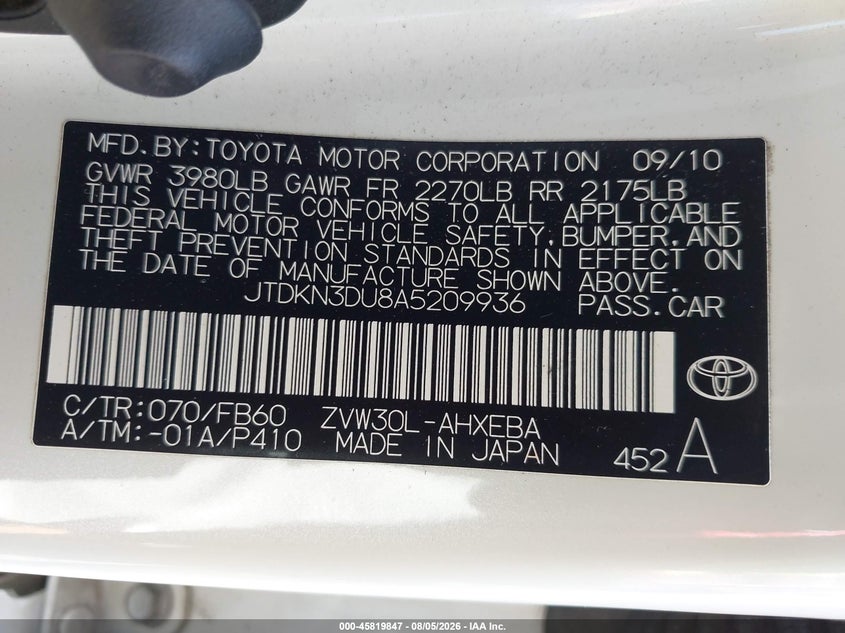 2010 TOYOTA PRIUS HATCHBACK 1.8L I-4 DOHC, VVT, 98HP