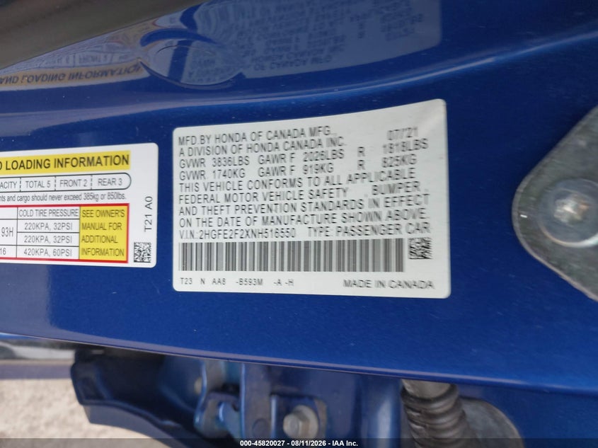 2022 HONDA CIVIC(VIN: 2HGFE2F2XNH516550