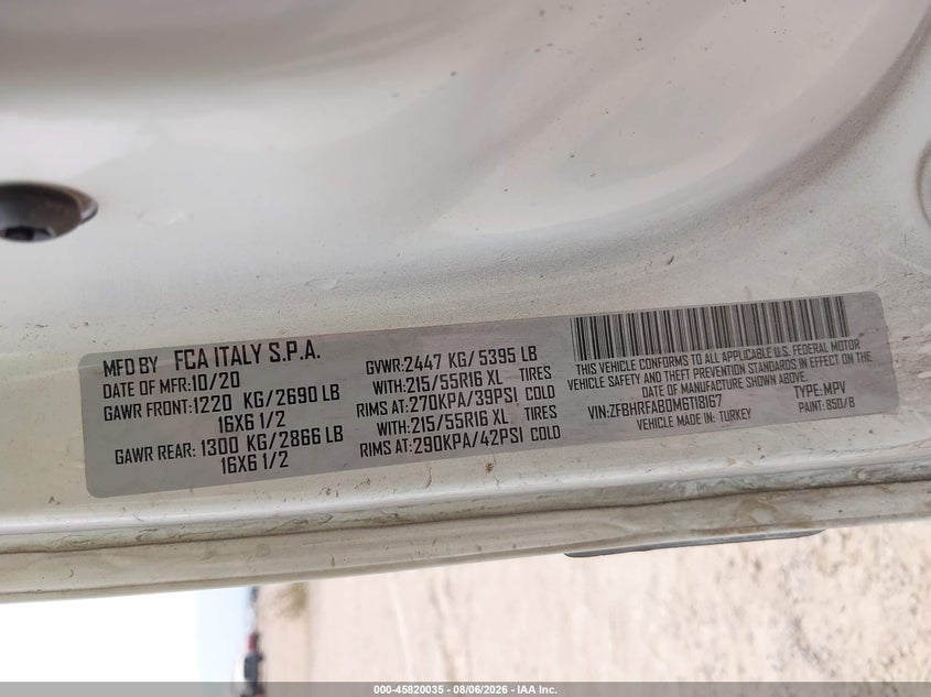 RAM PROMASTER CITY 2021 VIN ZFBHRFAB0M6T18167