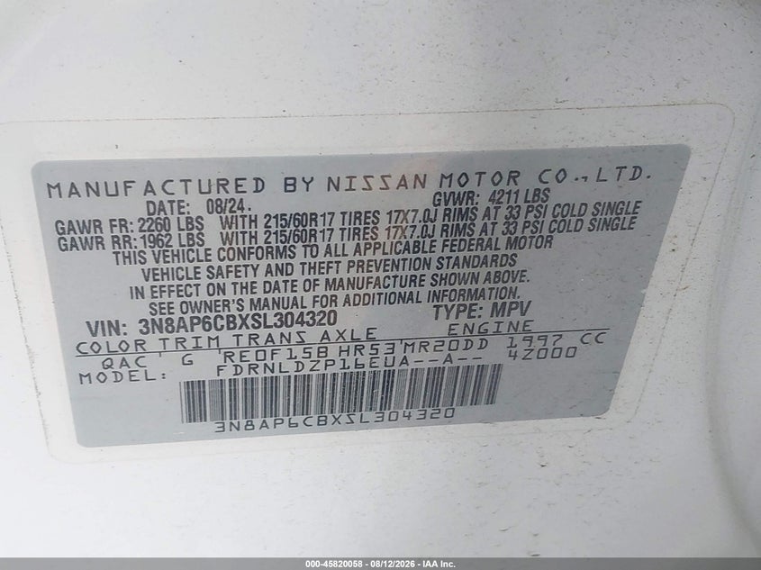 NISSAN KICKS 2025 VIN 3N8AP6CBXSL304320
