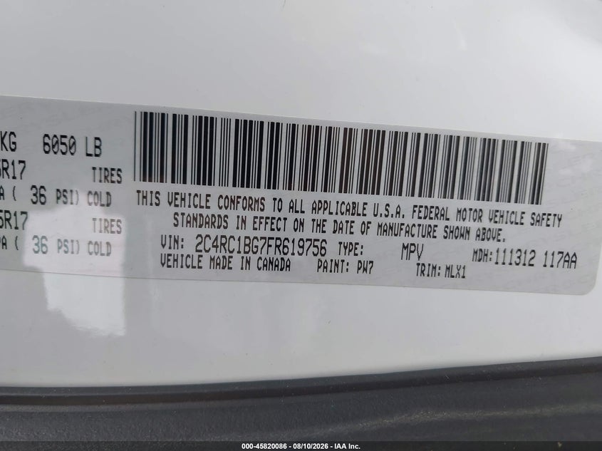 CHRYSLER TOWN & COUNTRY 2015 VIN 2C4RC1BG7FR619756