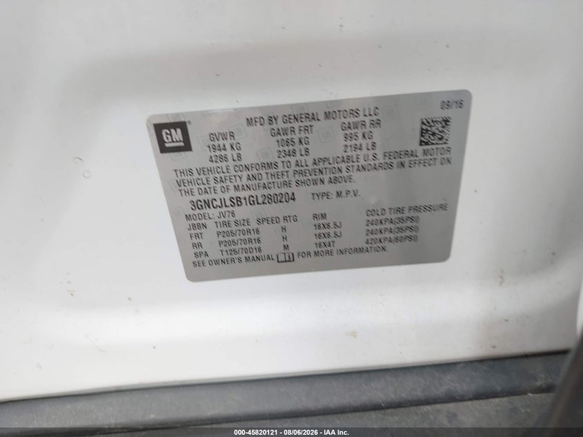 CHEVROLET TRAX 2016 VIN 3GNCJLSB1GL280204