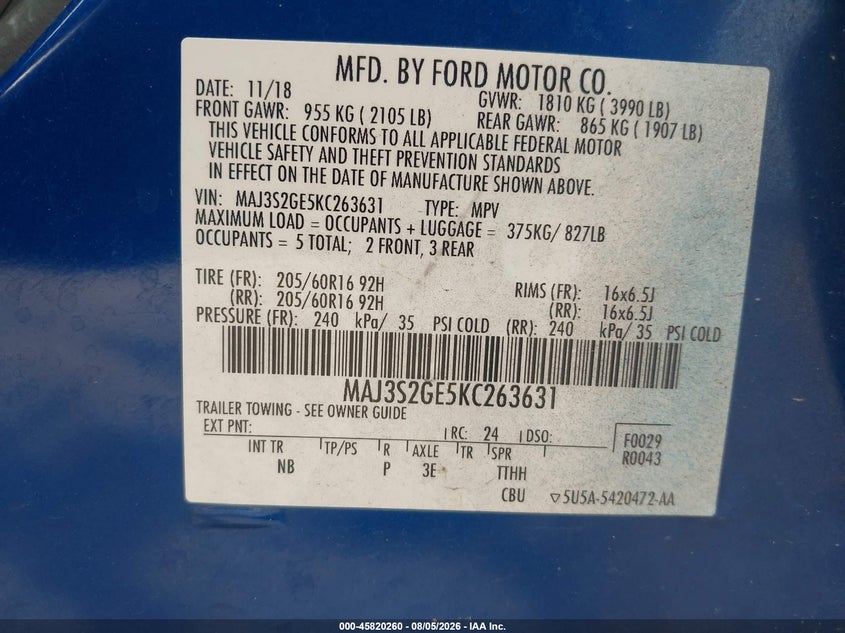 FORD ECOSPORT 2019 VIN MAJ3S2GE5KC263631