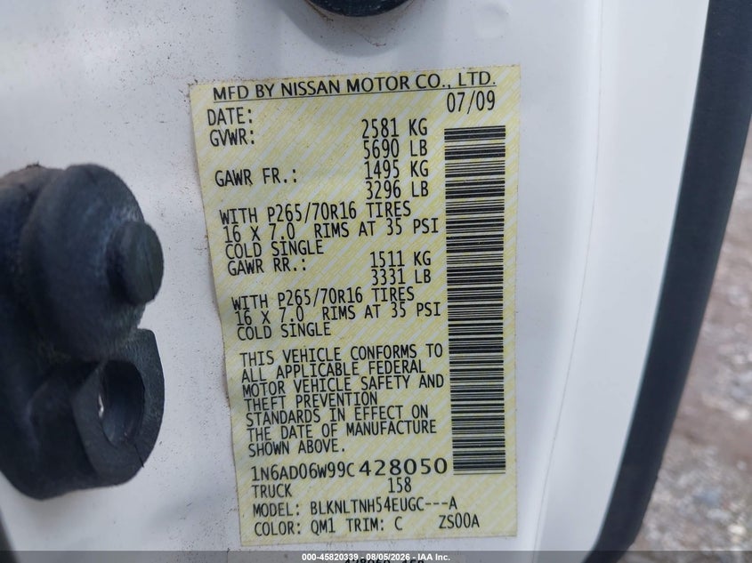 NISSAN FRONTIER 2009 VIN 1N6AD06W99C428050