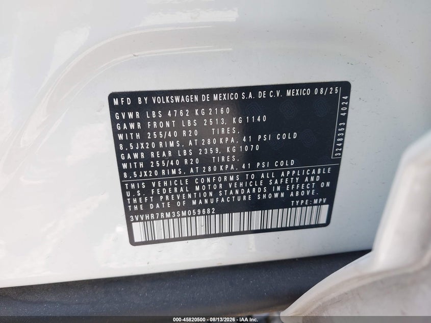 VOLKSWAGEN TIGUAN 2025 VIN 3VVHR7RM3SM059682