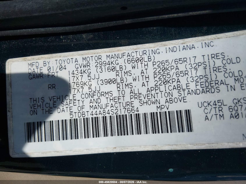 TOYOTA SEQUOIA 2004 VIN 5TDBT44A84S217664