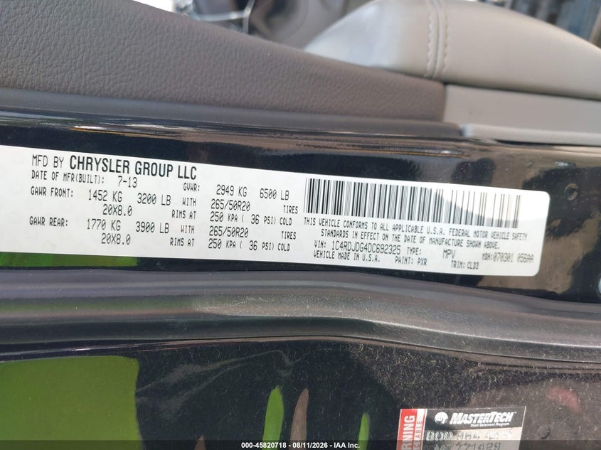DODGE DURANGO 2013 VIN 1C4RDJDG4DC692325