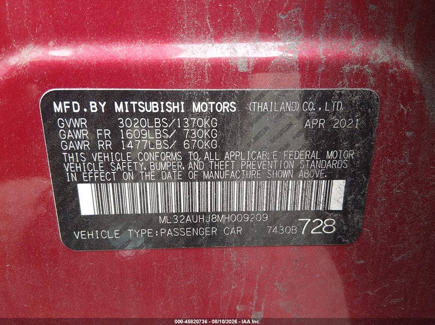 MITSUBISHI MIRAGE 2021 VIN ML32AUHJ8MH009209