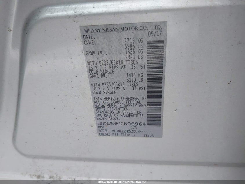 NISSAN PATHFINDER 2018 VIN 5N1DR2MM6JC606964