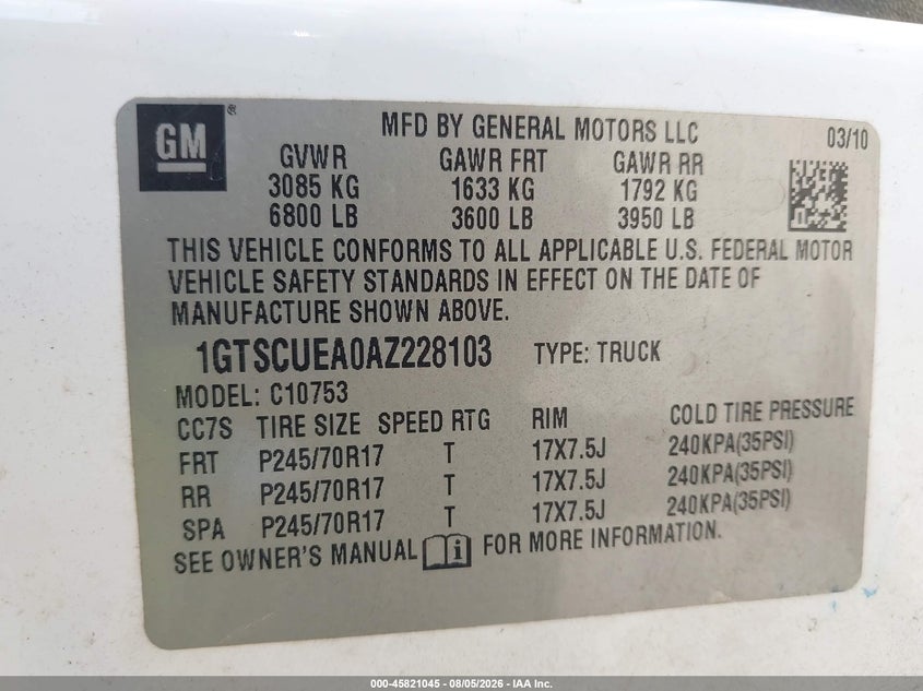 2010 GMC SIERRA PICKUP 4.8L V-8 VVT, 302HP