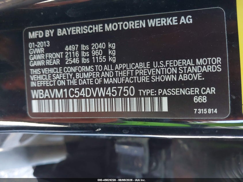 BMW X1 2013 VIN WBAVM1C54DVW45750