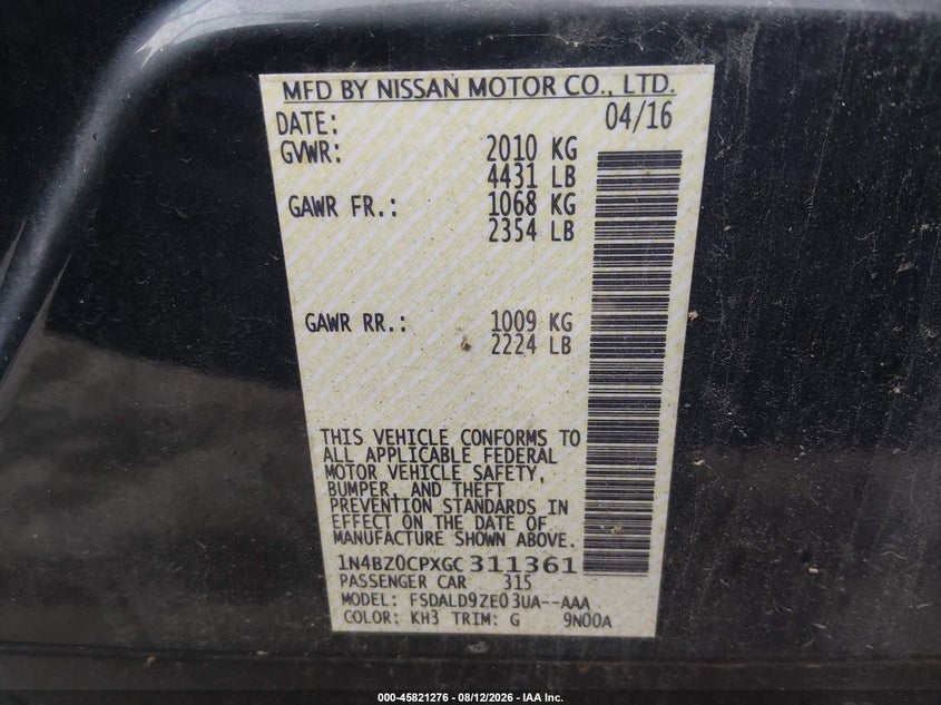 NISSAN LEAF 2016 VIN 1N4BZ0CPXGC311361