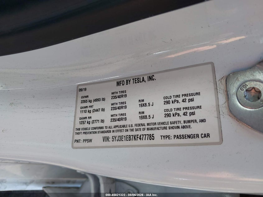 TESLA MODEL 3 2019 VIN 5YJ3E1EB7KF477785