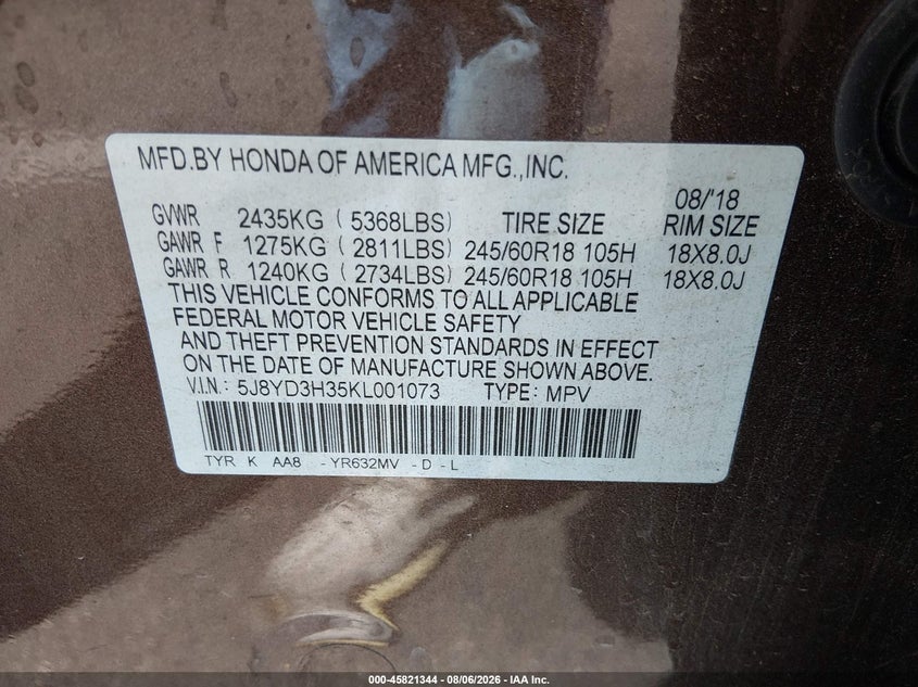 ACURA MDX 2019 VIN 5J8YD3H35KL001073