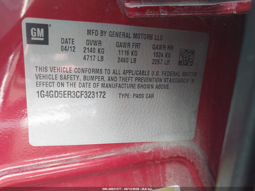 BUICK LACROSSE 2012 VIN 1G4GD5ER3CF323172