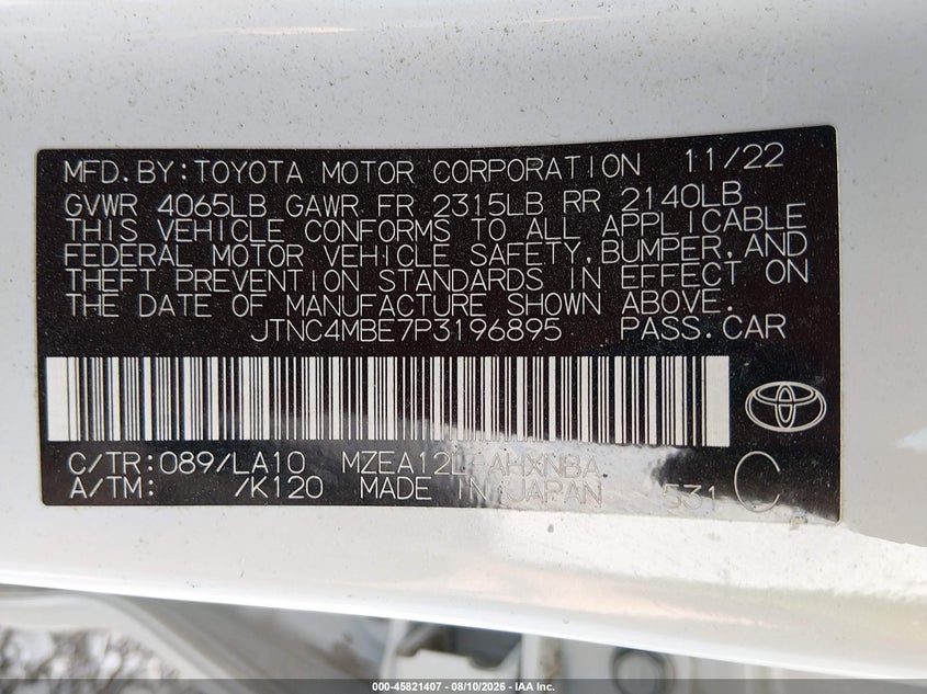 TOYOTA COROLLA 2023 VIN JTNC4MBE7P3196895