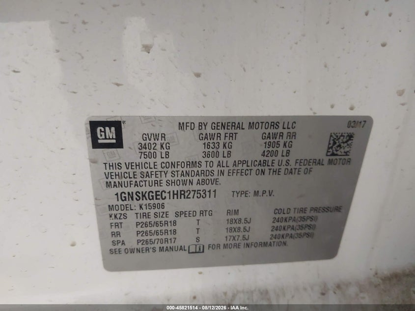 CHEVROLET SUBURBAN 2017 VIN 1GNSKGEC1HR275311
