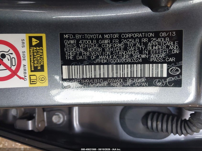 LEXUS ES 350 2013 VIN JTHBK1GG0D2080324