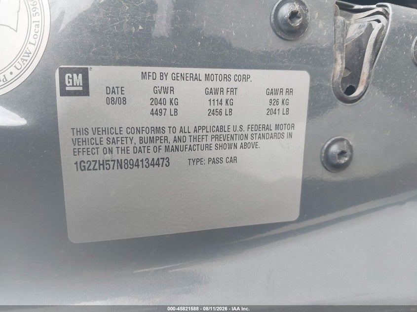 PONTIAC G6 2009 VIN 1G2ZH57N894134473