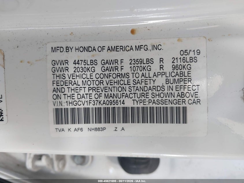 HONDA ACCORD 2019 VIN 1HGCV1F37KA095614