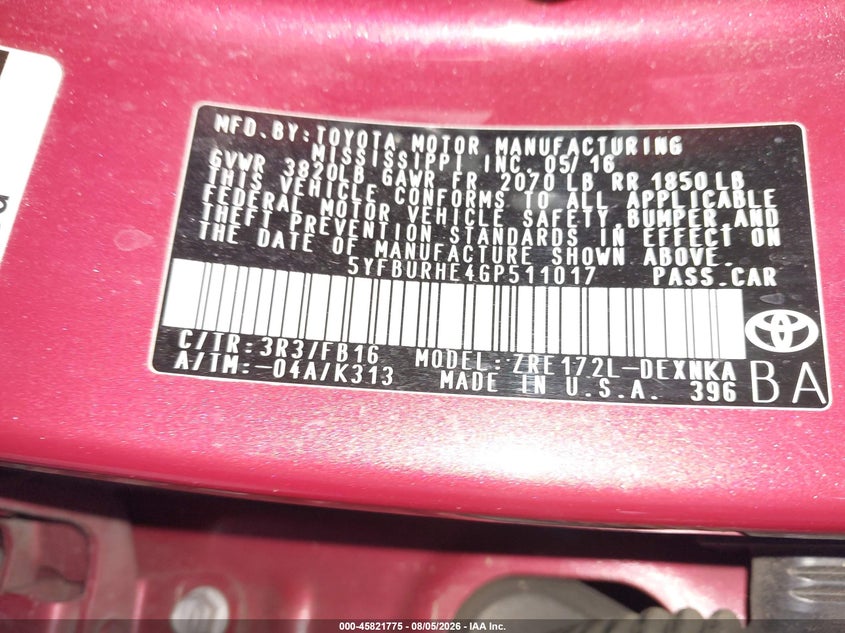 2016 TOYOTA COROLLA SEDAN 1.8L I-4 DOHC, VVT, 132HP