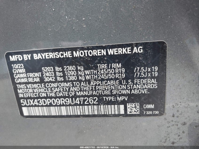 BMW X3 2024 VIN 5UX43DP09R9U47262