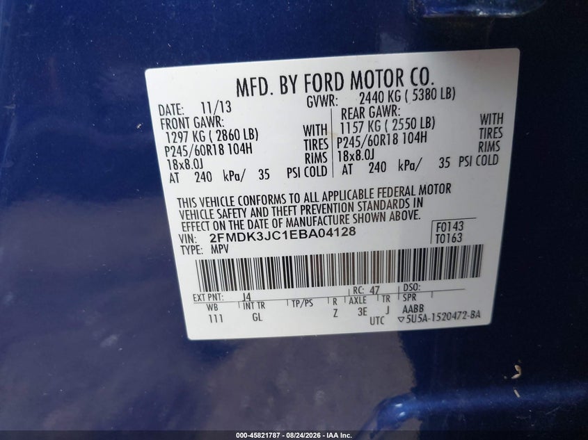 FORD EDGE 2014 VIN 2FMDK3JC1EBA04128