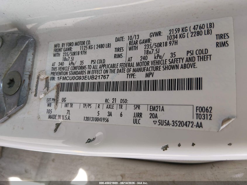 2014 FORD ESCAPE SPORT UTILITY VEHICLE 2.0L I4 FI DOHC 16V NF4