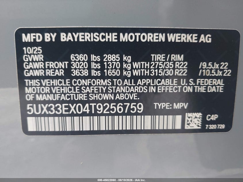 BMW X6 2026 VIN 5UX33EX04T9256759