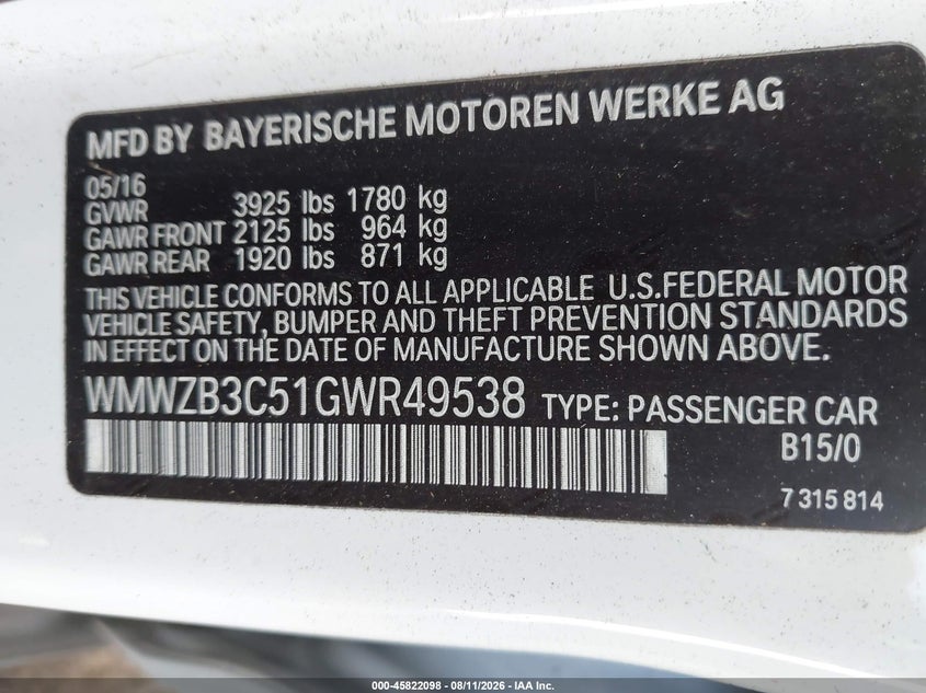 MINI COUNTRYMAN 2016 VIN WMWZB3C51GWR49538