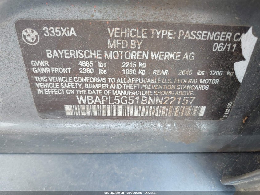 BMW 335I 2011 VIN WBAPL5G51BNN22157