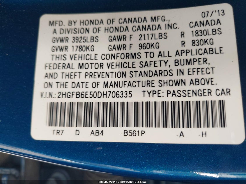 HONDA CIVIC 2013 VIN 2HGFB6E50DH706335