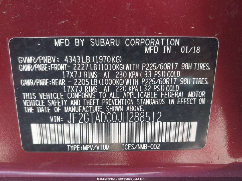 SUBARU CROSSTREK 2018 VIN JF2GTADC0JH288512