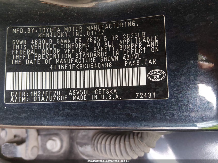 2012 TOYOTA CAMRY SEDAN 2.5L I-4 DOHC, VVT, 178HP
