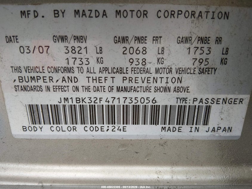 2007 MAZDA 3 SEDAN 2.0L I-4 DOHC, 144HP