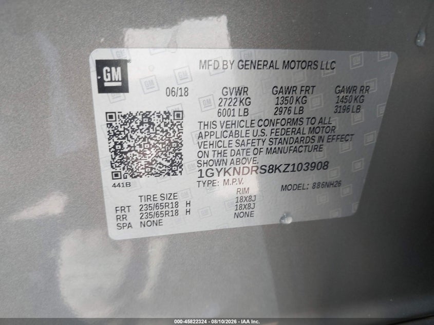 CADILLAC XT5 2019 VIN 1GYKNDRS8KZ103908