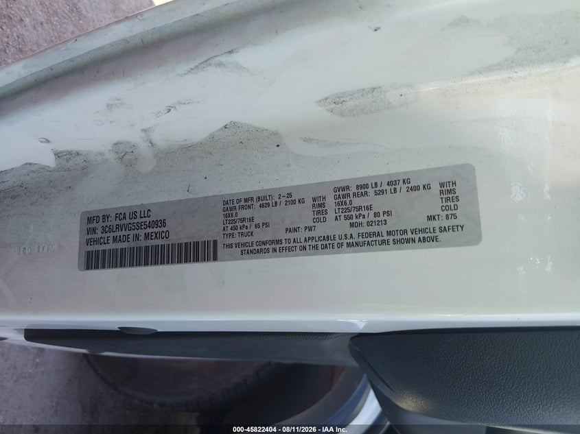 RAM PROMASTER 2500 2025 VIN 3C6LRVVG5SE540936