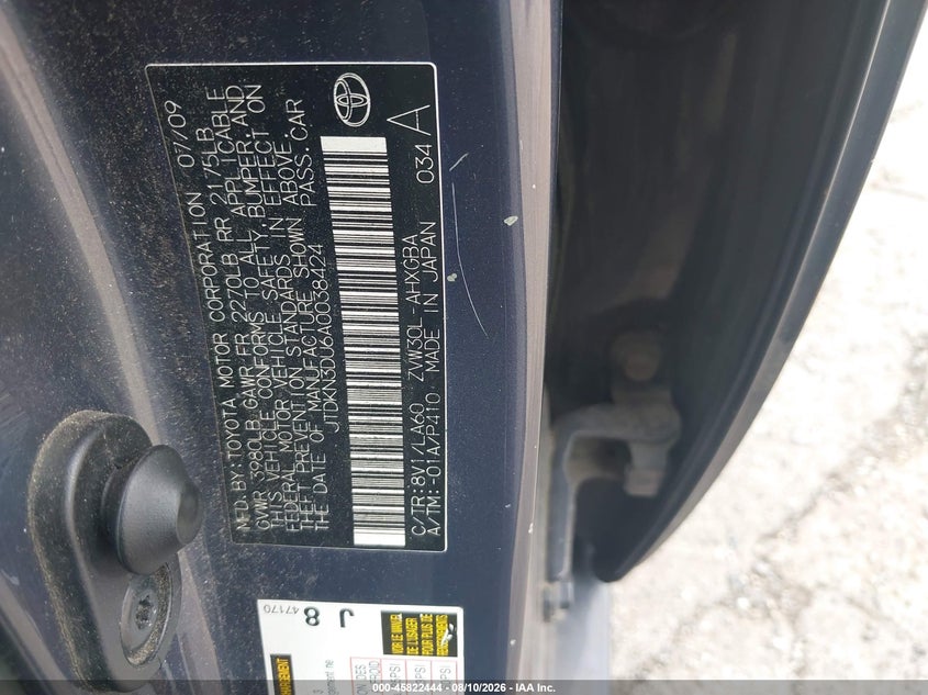 TOYOTA PRIUS 2010 VIN JTDKN3DU6A0038424