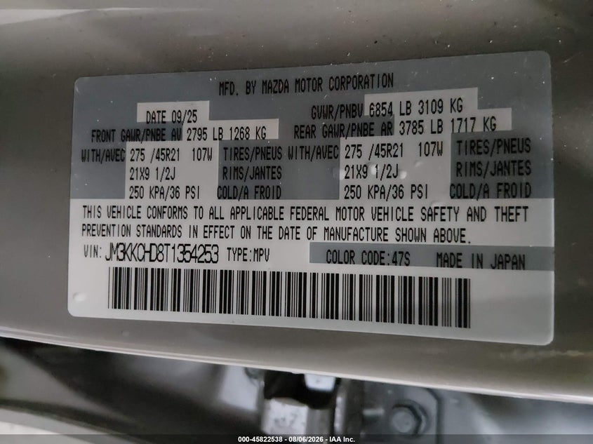 MAZDA CX-90 2026 VIN JM3KKCHD8T1354253