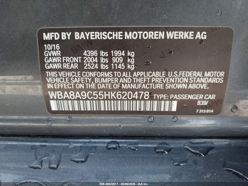 BMW 320I 2017 VIN WBA8A9C55HK620478