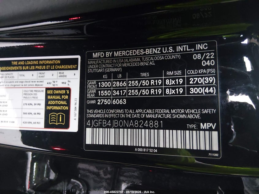 MERCEDES-BENZ GLE 350 2022 VIN 4JGFB4JB0NA824881