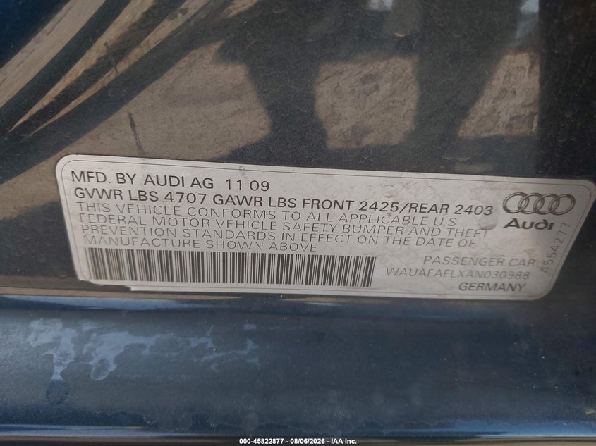 2010 AUDI A4 SEDAN 2.0L I-4 DI, DOHC, VVT, TURBO, 211HP