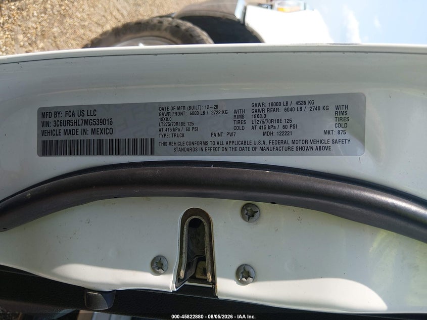 2021 RAM 2500(VIN: 3C6UR5HL7MG539016