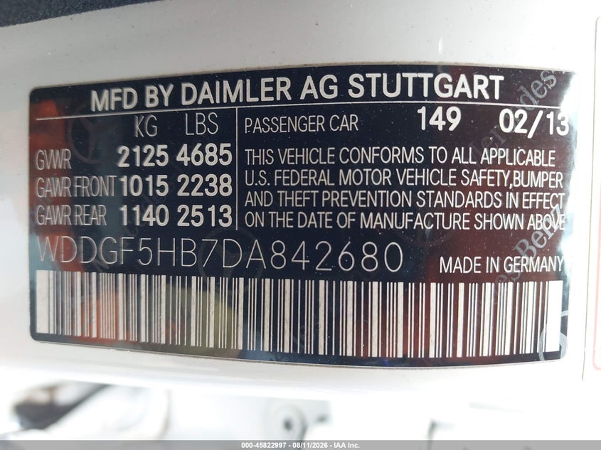 MERCEDES-BENZ C 350 2013 VIN WDDGF5HB7DA842680