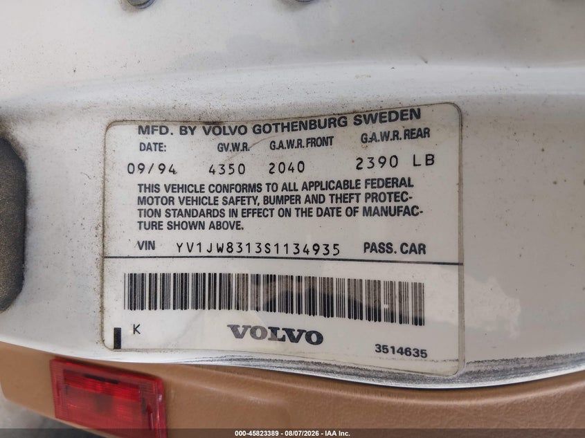 1995 VOLVO 940 WAGON 2.3L I4 FI SOHC F